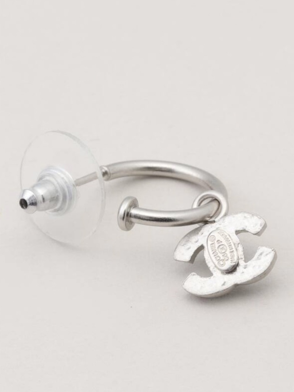 CHANEL Pierced Silver Hoop Earrings with Black CC Charm - Picture 3 of 4